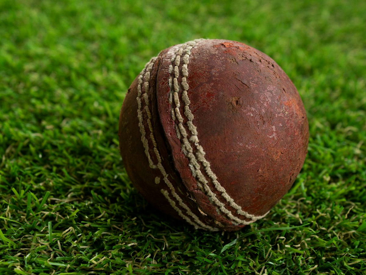 Red leather cricket ball on grass